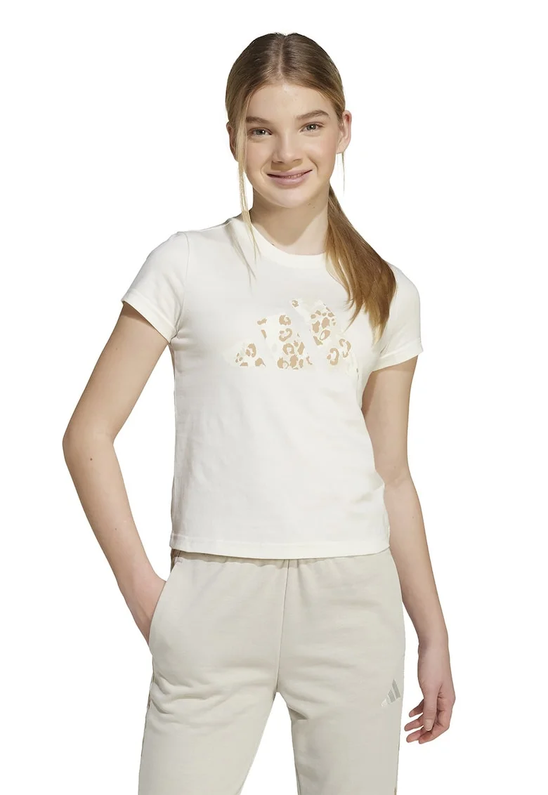 Tricou din bumbac cu imprimeu logo, Alb fildes/Caramel