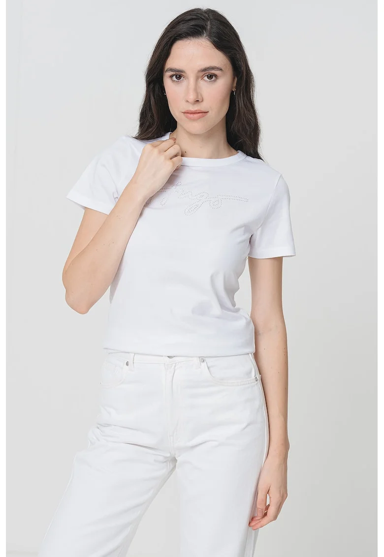 Tricou slim fit cu logo din strasuri, Alb/Argintiu