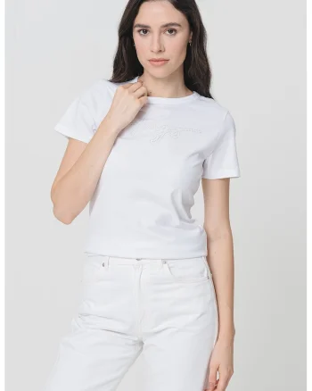 Tricou slim fit cu logo din strasuri, Alb/Argintiu