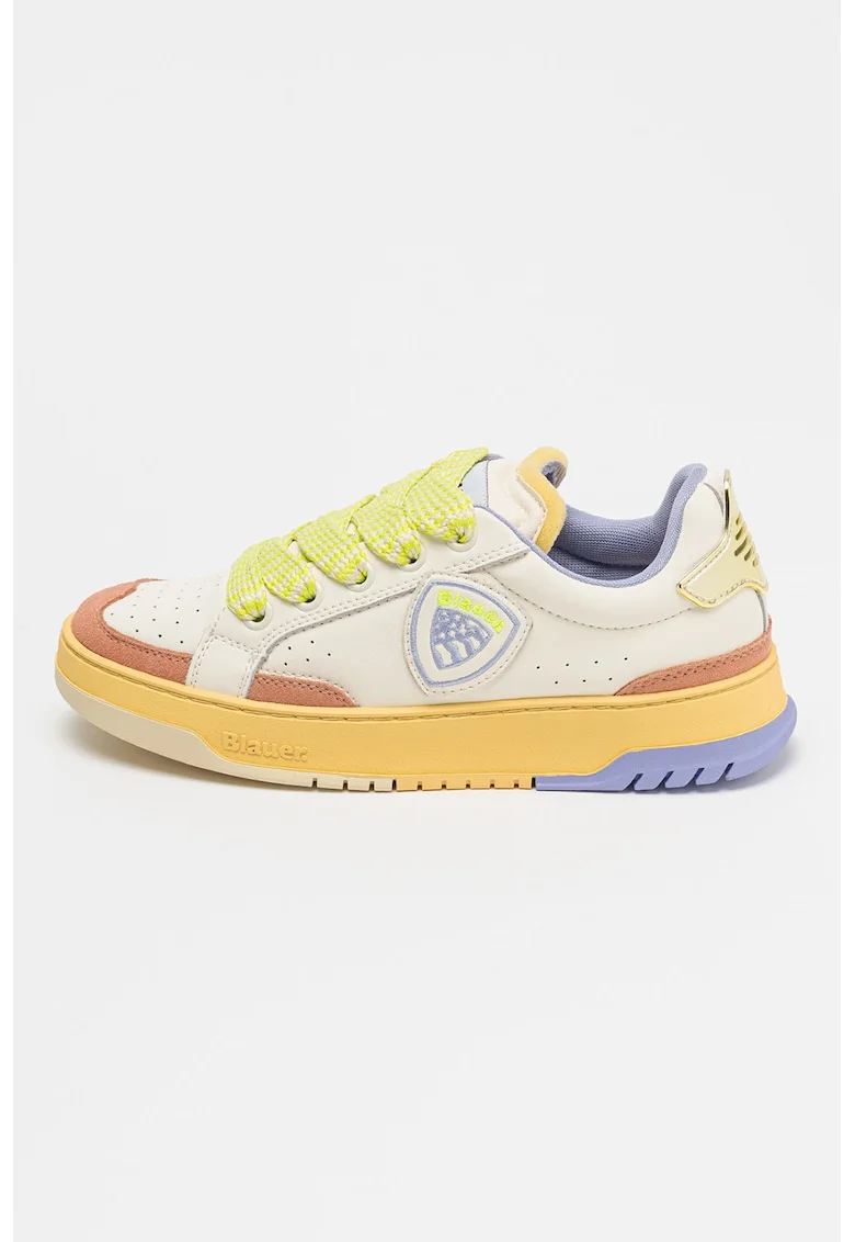 Pantofi sport colorblock cu detalii de piele intoarsa, Verde lime/Crem