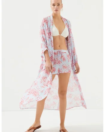 Pantaloni scurti de plaja cu snur si model floral, Visiniu/Albastru azur