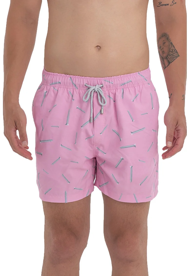 Pantaloni scurti de baie cu model si snur, Gri deschis/Roz deschis