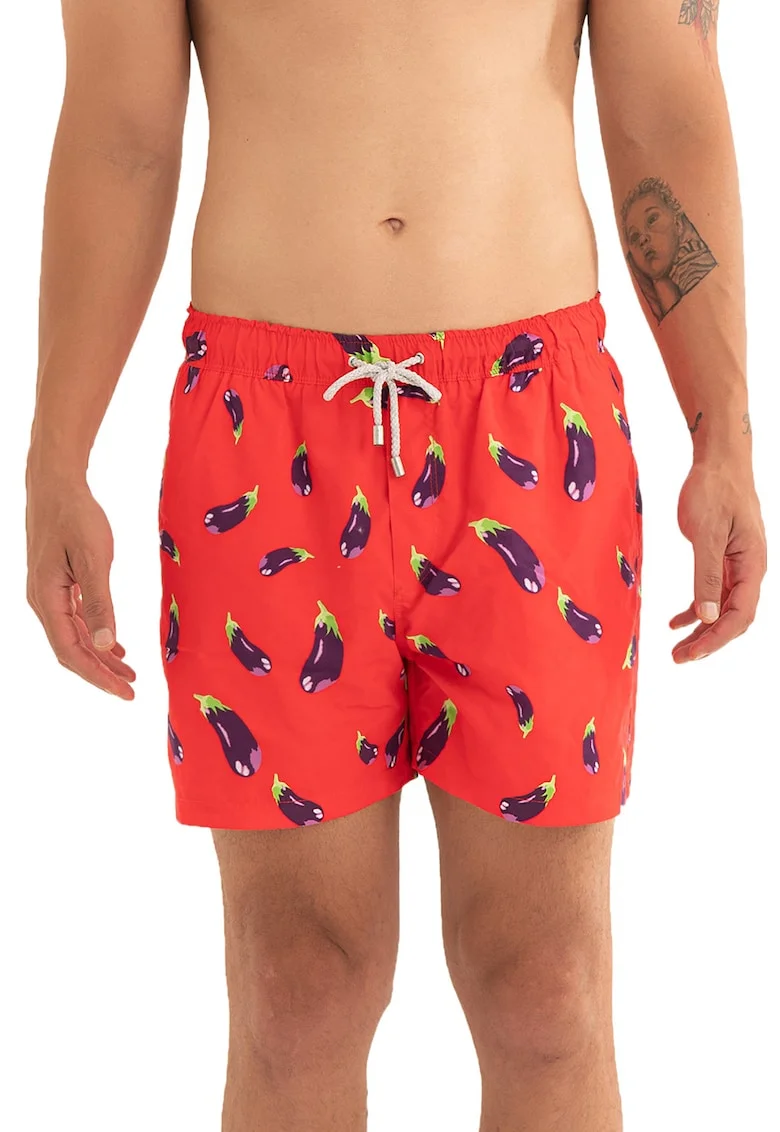 Pantaloni scurti de baie cu model si snur, Verde/Negru/Rosu vermillion
