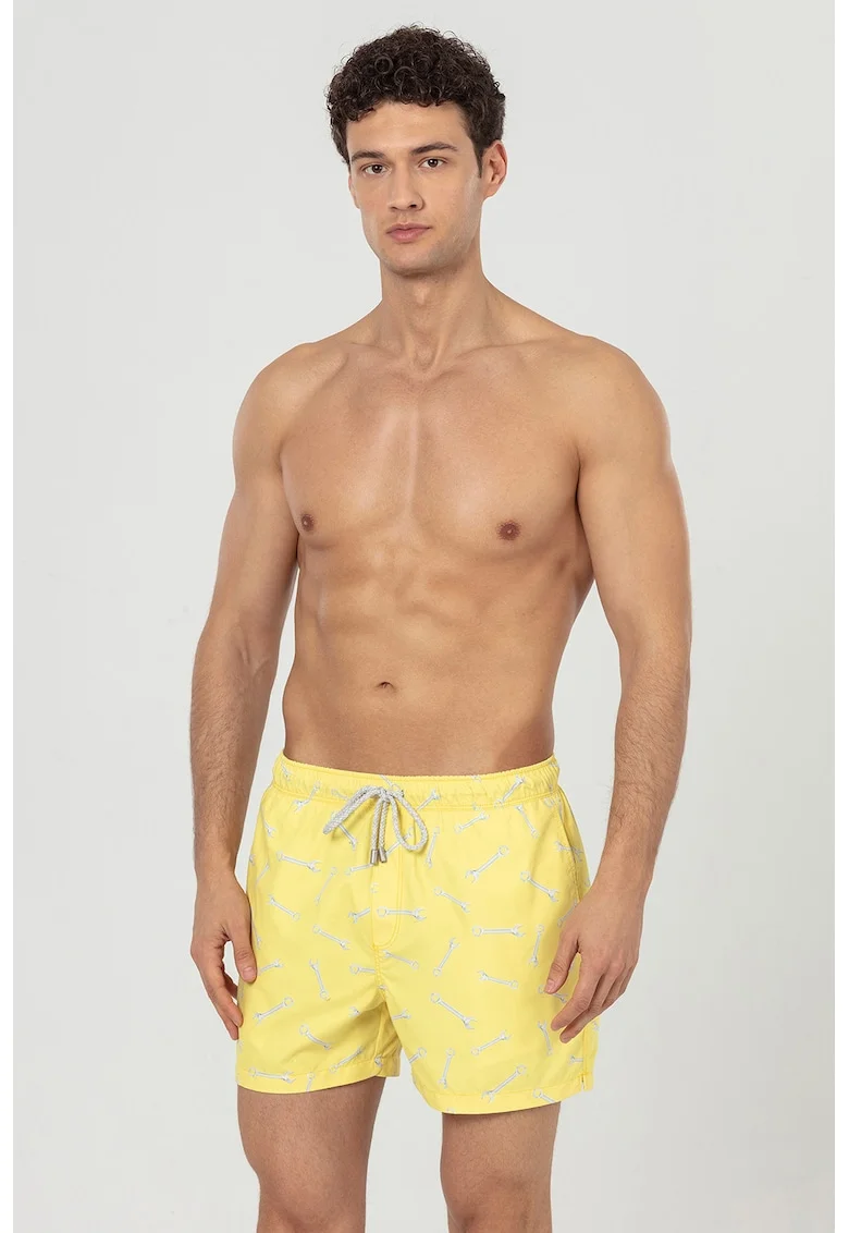Pantaloni scurti de baie cu buzunare si model, Negru/Galben