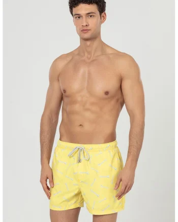 Pantaloni scurti de baie cu buzunare si model, Negru/Galben