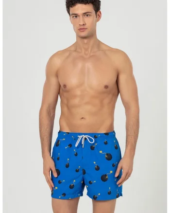 Pantaloni scurti de baie cu buzunare si model, Negru/Albastru royal