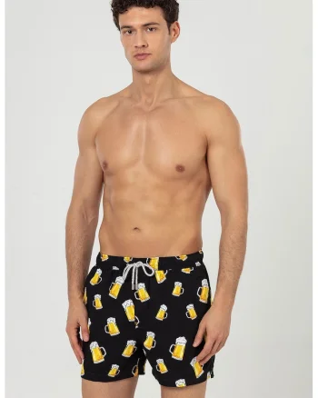 Pantaloni scurti de baie cu buzunare si model, Alb/Negru/Galben sofran