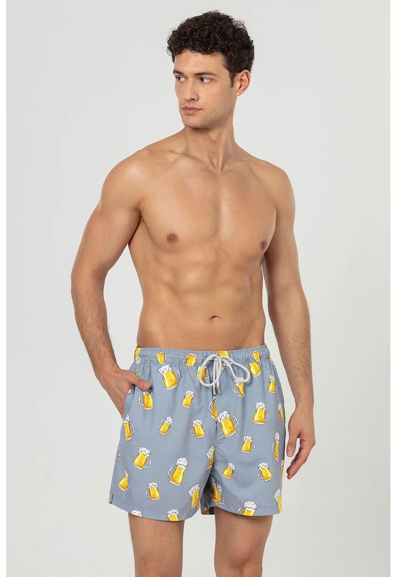 Pantaloni scurti de baie cu buzunare si model, Gri deschis/Galben