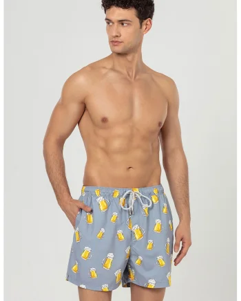 Pantaloni scurti de baie cu buzunare si model, Gri deschis/Galben