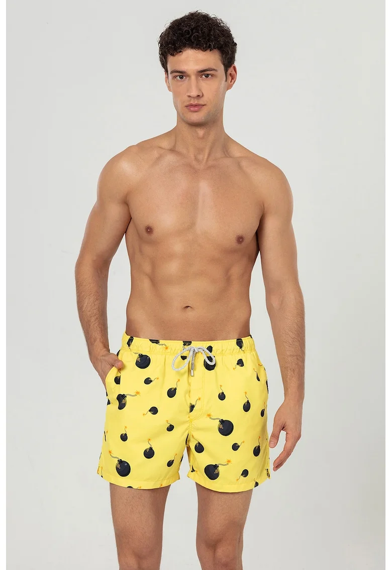 Pantaloni scurti de baie cu buzunare si model, Galben/Negru stins
