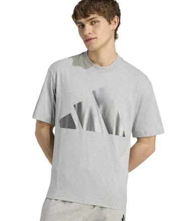 Tricou cu decolteu la baza gatului si imprimeu logo contrastant, Gri deschis melange/Argintiu