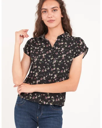 Camasa cu model floral si maneci scurte, Verde/Negru