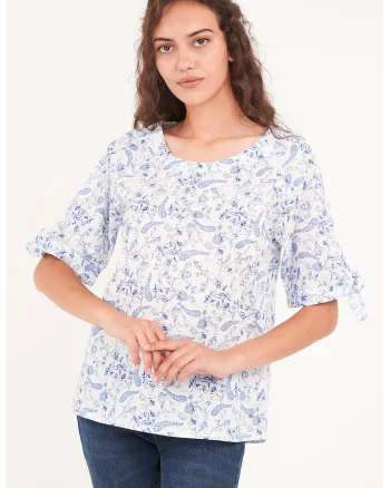 Bluza de bumbac cu model paisley, Alb/Albastru