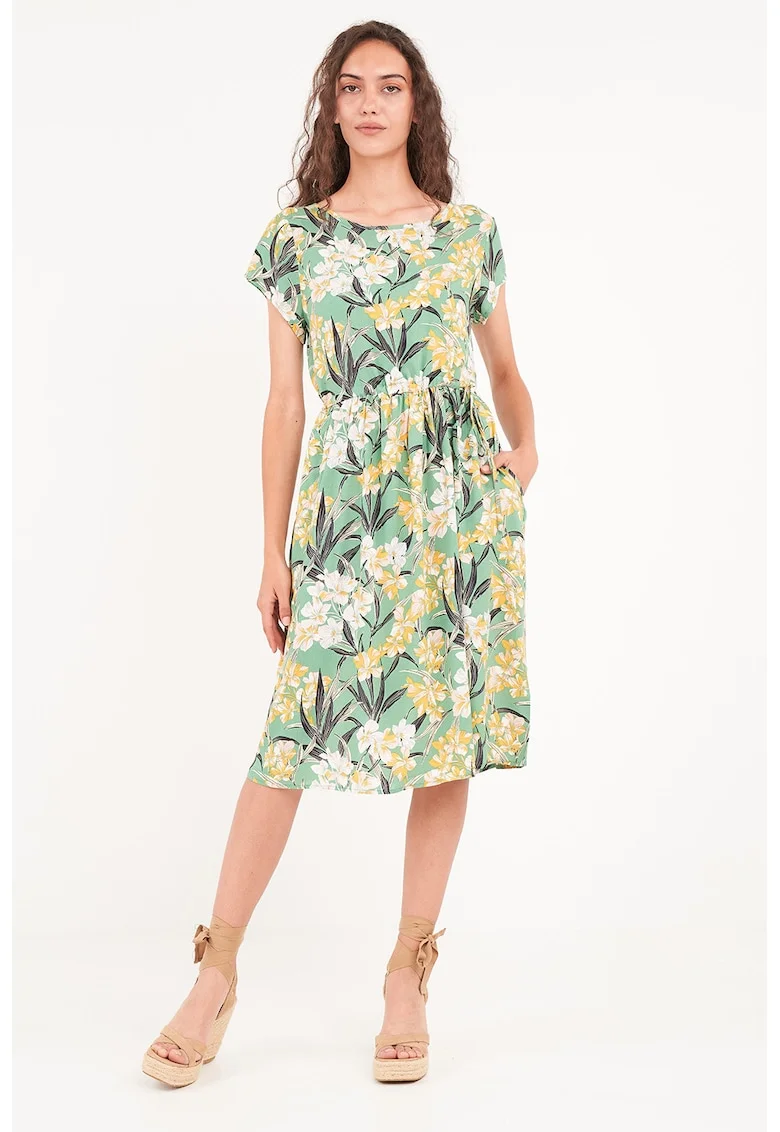 Rochie cu imprimeu, croiala A si buzunare laterale, Verde/Galben