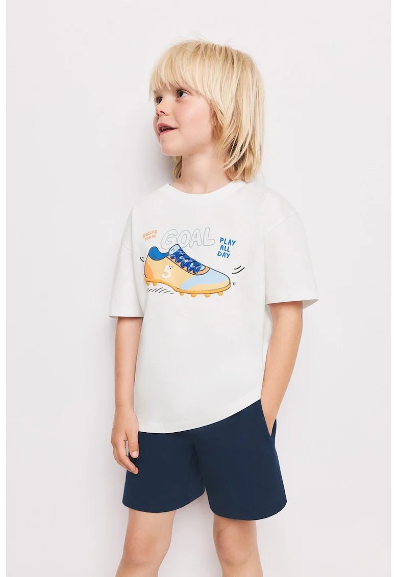 Tricou cu decolteu la baza gatului si imprimeu grafic, Alb optic