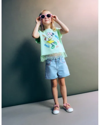 Tricou de bumbac cu imprimeu si franjuri, Verde menta