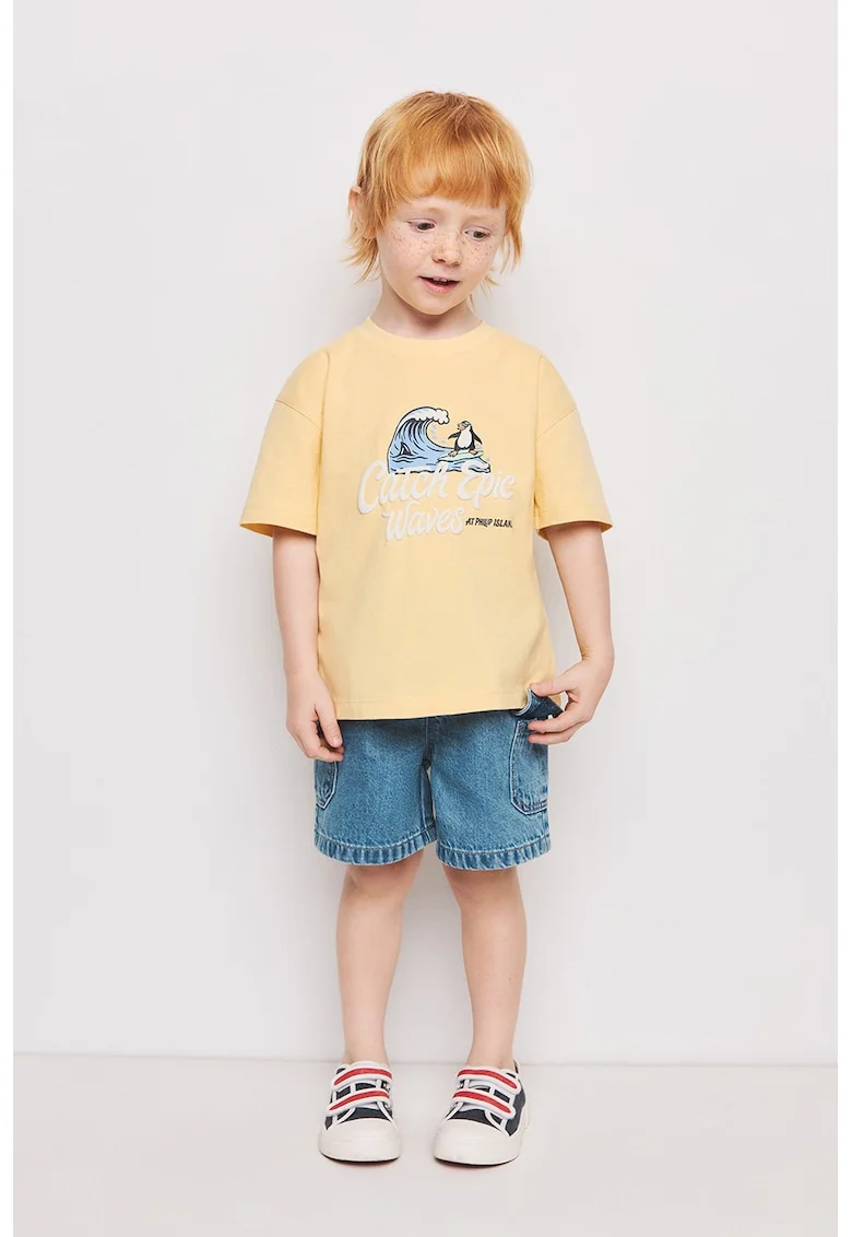 Tricou lejer de bumbac cu text si imprimeu grafic, Galben pal