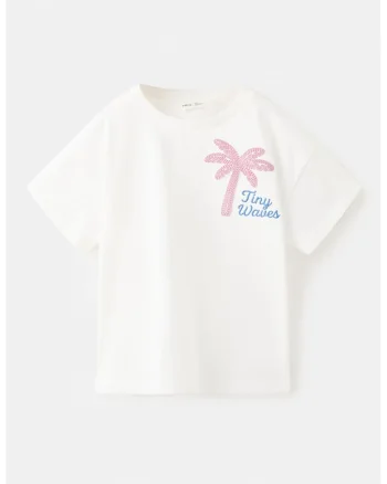 Tricou cu decolteu la baza gatului si broderie, Alb/Roz deschis
