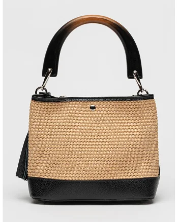 Geanta bucket cu detalii de piele, Negru