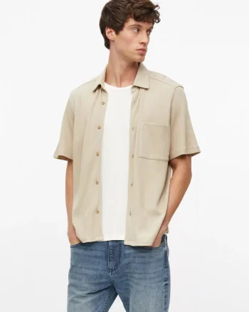 Camasa barbati din amestec de bumbac, piqué tip waffle, Relaxed fit, Bej, Bej