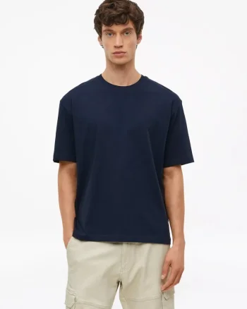 Tricou barbati la baza gatului, din jerseu gros de bumbac, Modern fit, Bleumarin inchis