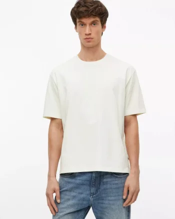 Tricou barbati la baza gatului, din jerseu gros de bumbac, Modern fit, Crem