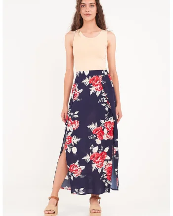 Fusta lunga cu model floral si slit lateral, Rosu/Bleumarin