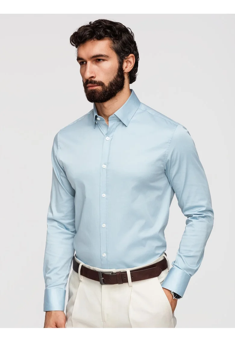 Camasa slim fit din material satinat cu detalii elegante, Albastru