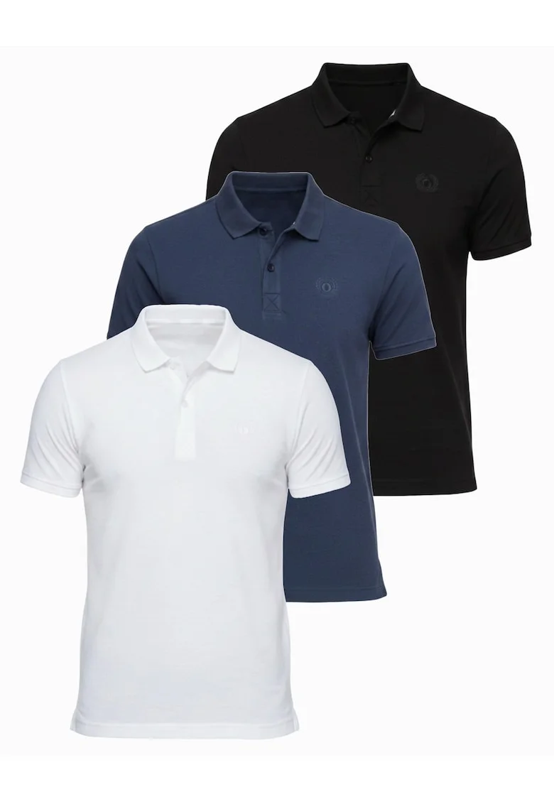 Tricou polo cu detalii de broderie si material piqué, Alb/Negru/Albastru inchis