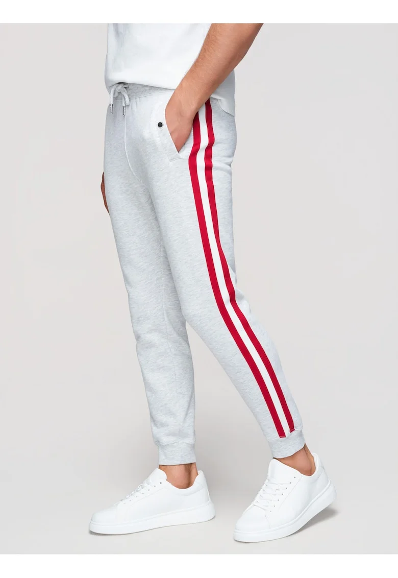 Pantaloni jogger cu elastic si buzunare laterale din material moale, Gri deschis melange