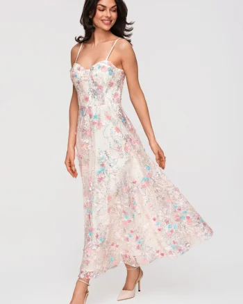 Rochie midi evazata cu detalii din dantela, Ecru