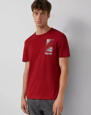 Tricou barbati cu imprimeu frontal, din bumbac, Regular fit, Rosu