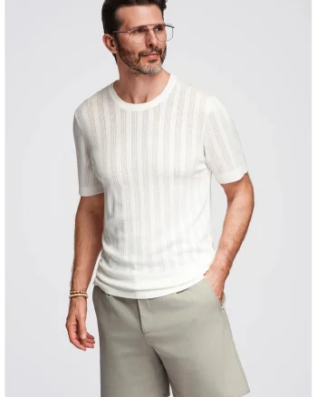 Tricou cu decolteu rotund si aspect perforat, Alb fildes