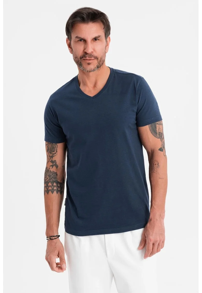 Tricou uni cu decolteu in V, Albastru ultramarin