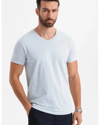 Tricou uni cu decolteu in V, Albastru glaciar