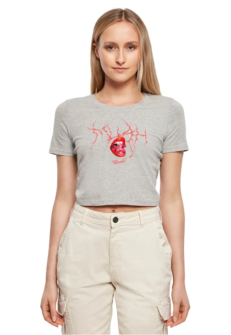 Tricou crop cu imprimeu grafic, Rosu/Gri melange