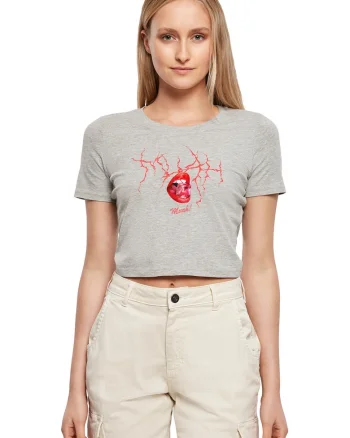 Tricou crop cu imprimeu grafic, Rosu/Gri melange
