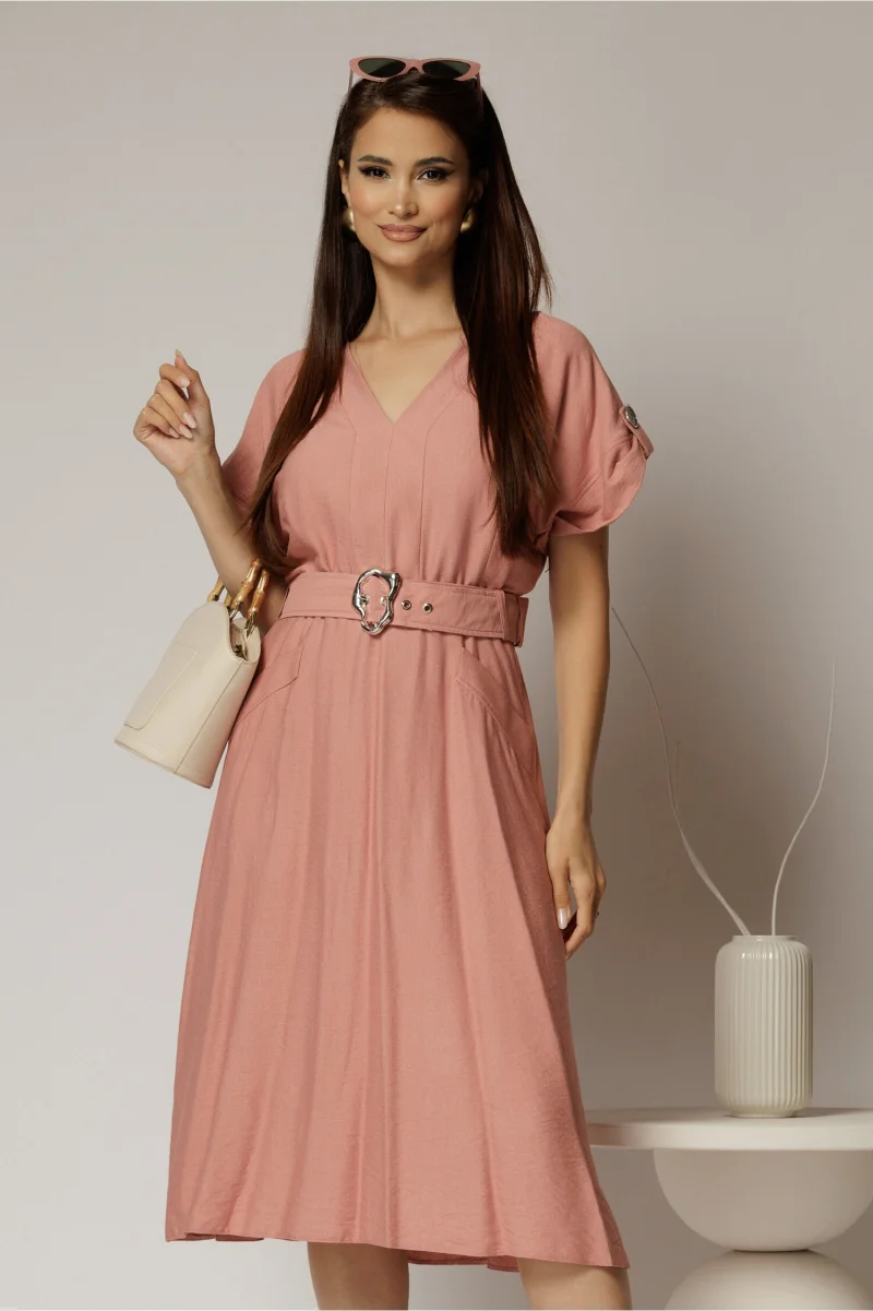 Rochie midi roz de zi din rayon cu decolteu V si curea in talie
