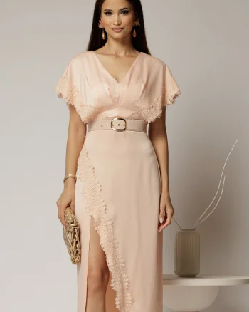 Rochie midi roz din satin cu insertii de dantela