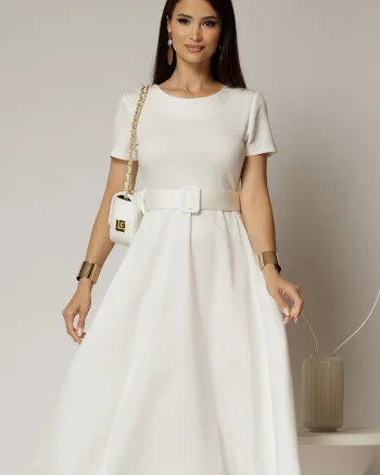 Rochie midi alba cu maneca scurta si curea in talie cu adaos de viscoza