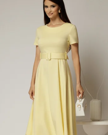 Rochie midi galbena cu maneca scurta si curea in talie cu adaos de viscoza