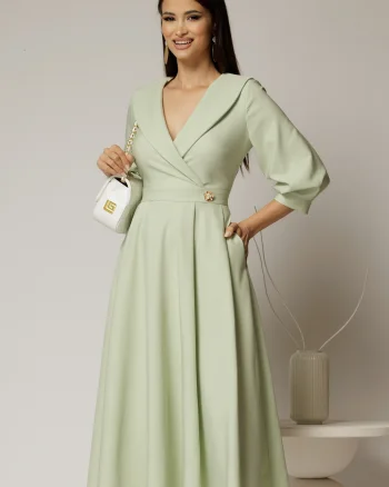 Rochie office de ocazie din stofa verde fistic cu bust petrecut si rever