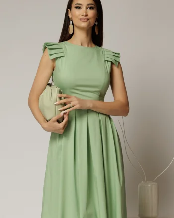 Rochie DY Fashion midi verde fistic din poplin in clos cu volane la umeri
