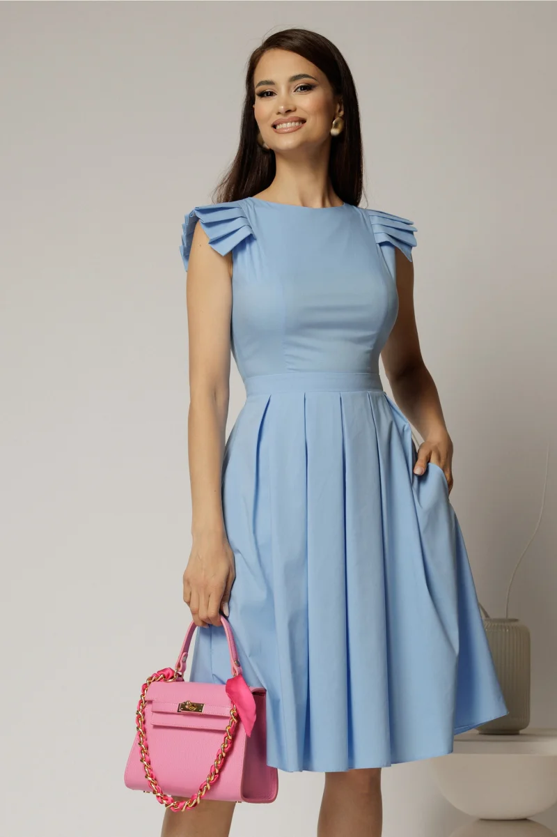 Rochie DY Fashion midi bleu din poplin in clos cu volane la umeri