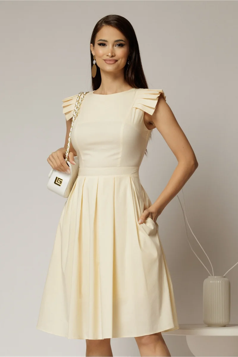 Rochie DY Fashion midi galbena din poplin in clos cu volane la umeri