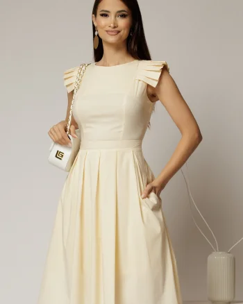 Rochie DY Fashion midi galbena din poplin in clos cu volane la umeri