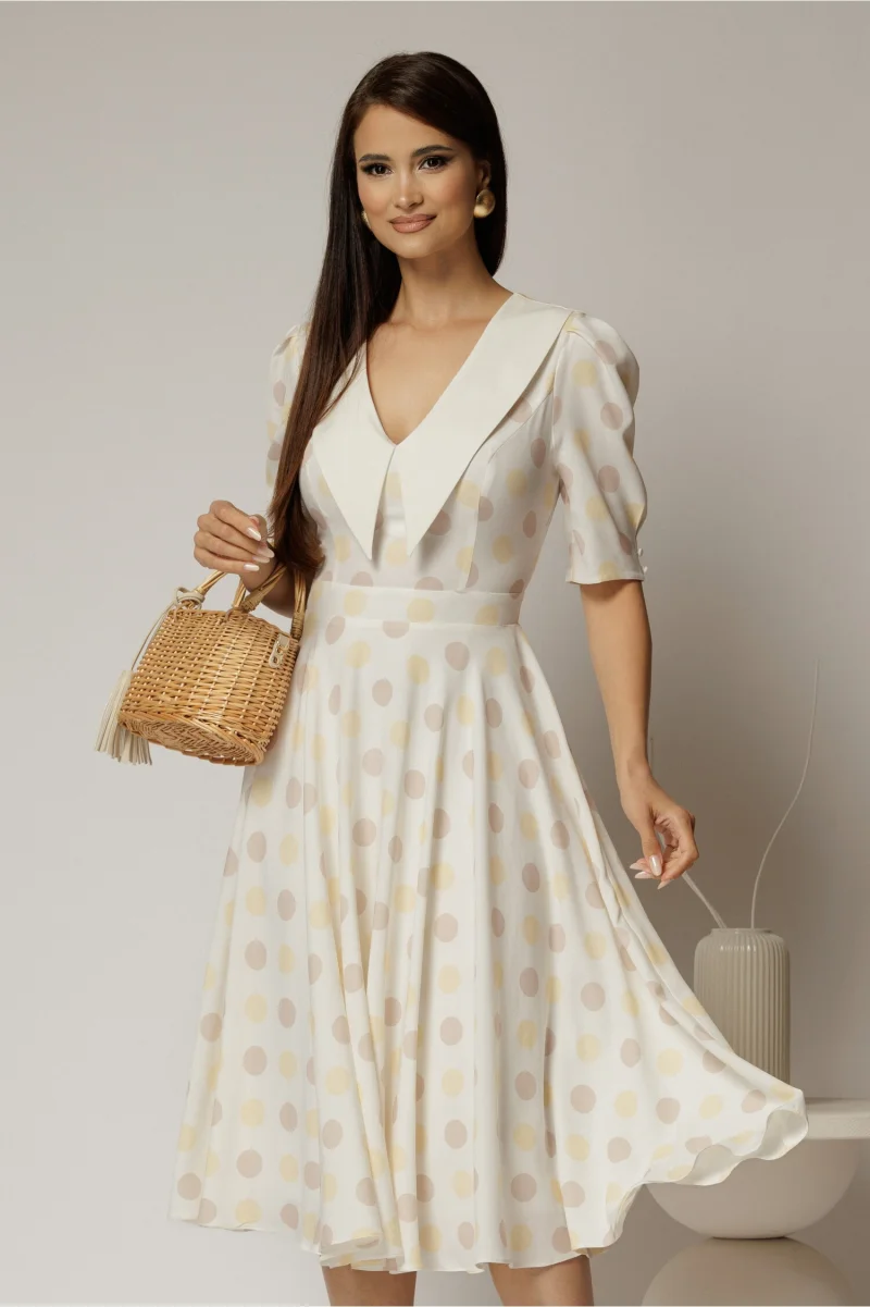 Rochie DY Fashion midi din triplu voal cu buline si guler ascutit si nasturi la maneci