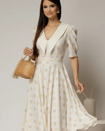 Rochie DY Fashion midi din triplu voal cu buline si guler ascutit si nasturi la maneci