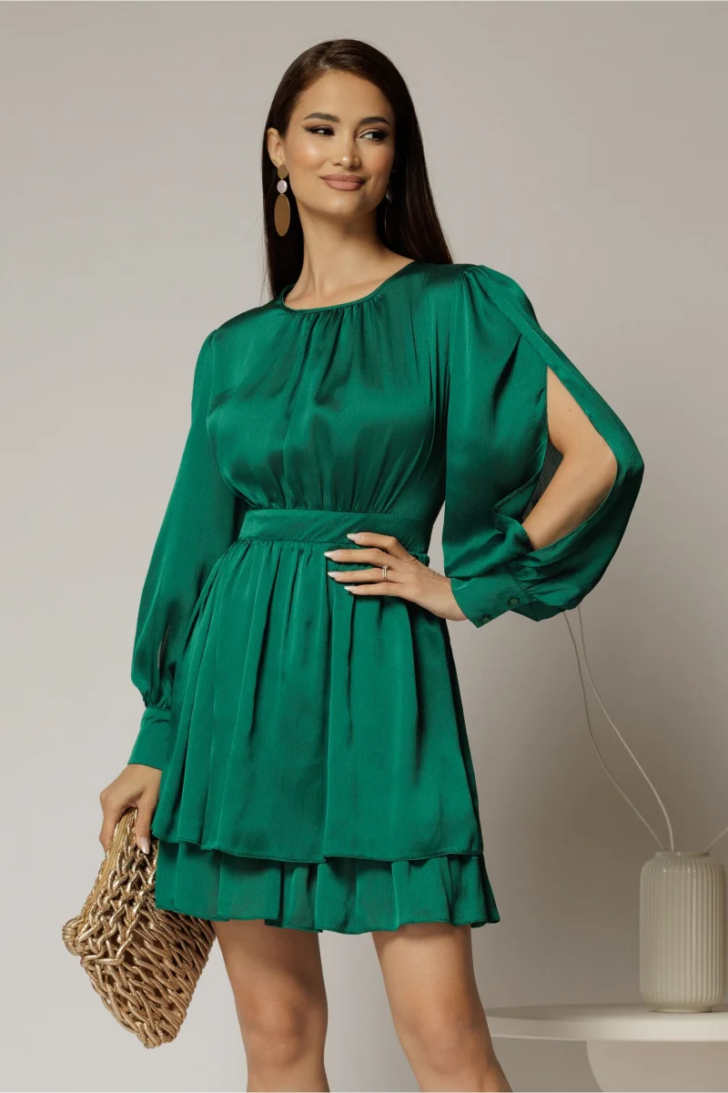 Rochie DY Fashion verde scurta din voal cu manecile sparte si fusta suprapusa
