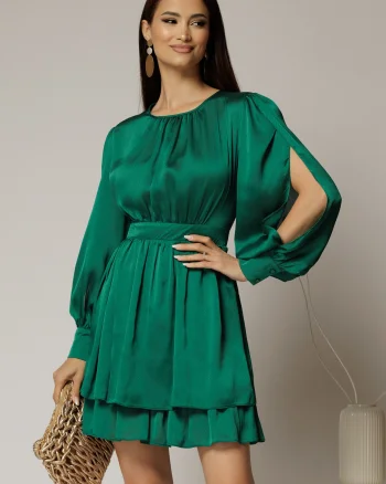 Rochie DY Fashion verde scurta din voal cu manecile sparte si fusta suprapusa